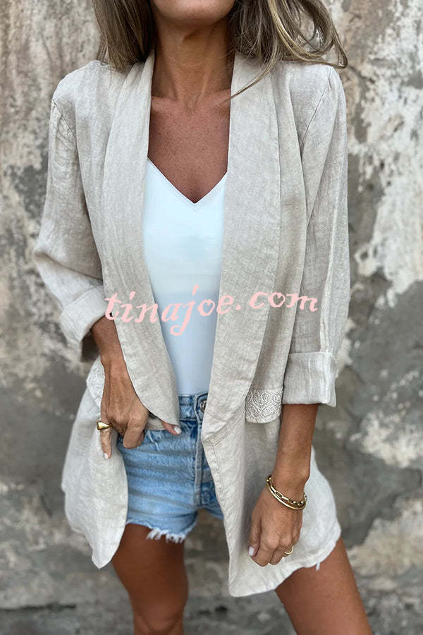 Olivia Linen Blend Lace Trim Half Sleeve Lapel Relaxed Blazer