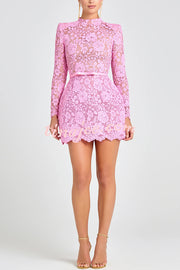 Champagne Toast Flower Lace Long Sleeve Bow Belted Mini Dress