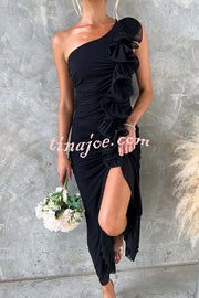 Fashion One-shoulder Pleated Sexy High Slit Slim Dress