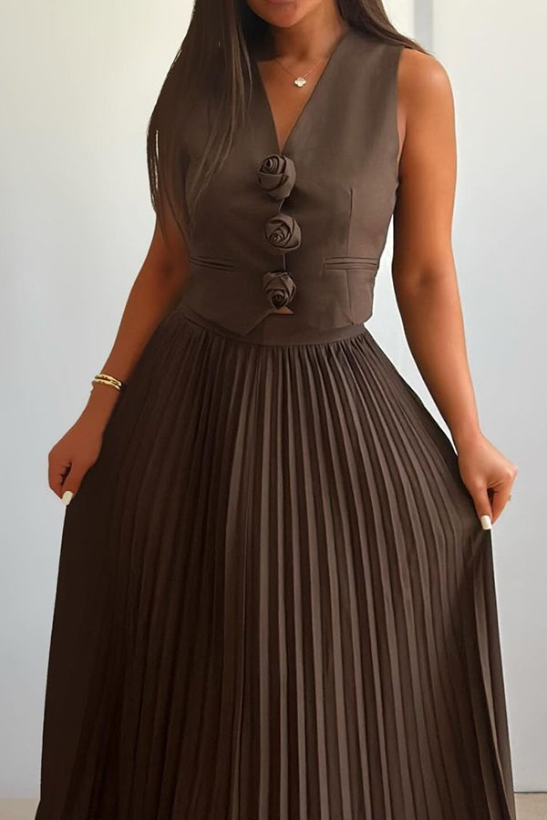 Stylish Rosette Sleeveless Tank Top and Pleated Maxi Skirt Set