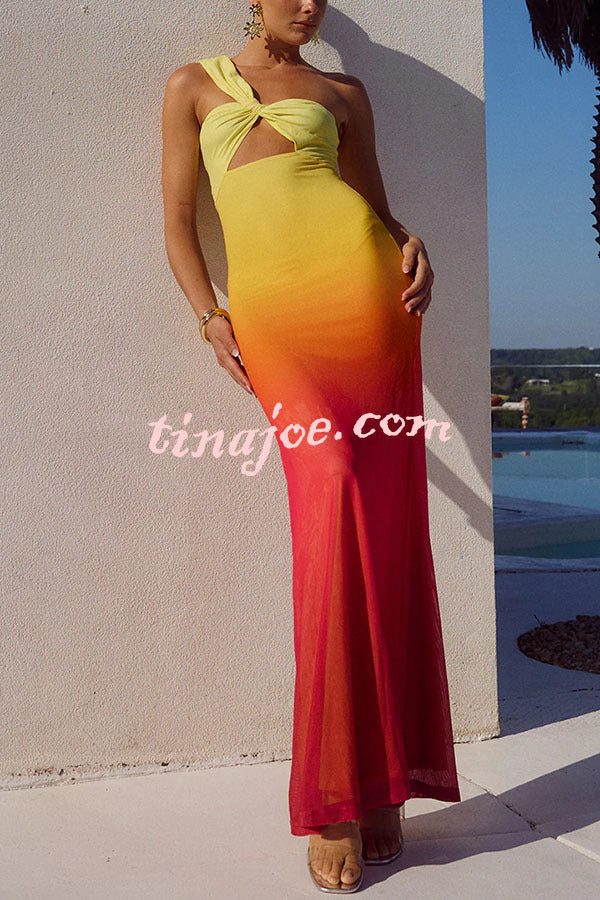 Dreamy Sunset Mesh Ombre Print One Shoulder Cutout Stretch Maxi Dress