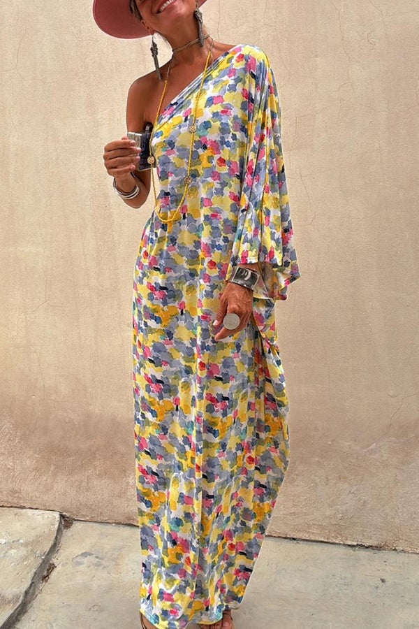 Indio Watercolor Print One Shoulder Drape Sleeve Maxi Dress