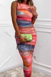 Locking Eyes Mesh Tie-dye Print Ruched Midi Dress