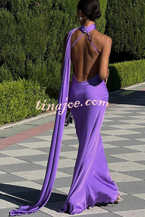 Crush on You Satin One Shoulder Backless Cape Maxi Dress