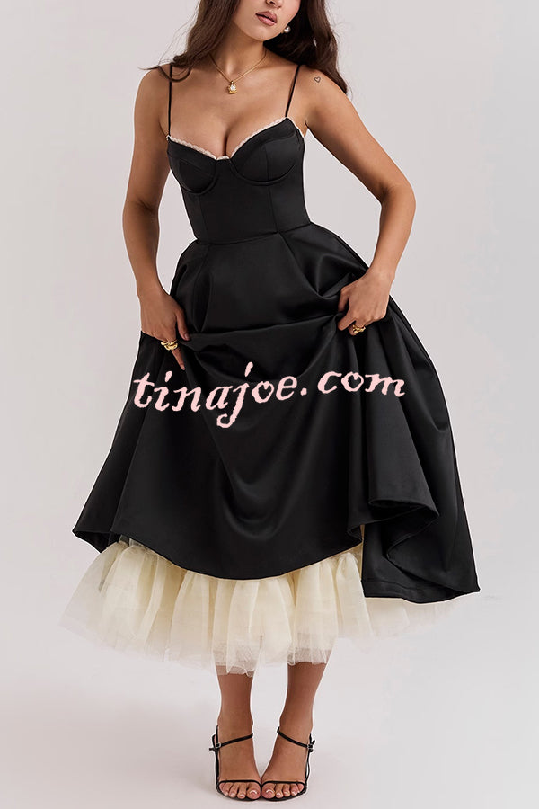 Fairytale Vibe Satin Patchwork Tulle Sweetheart Neck Pocket Stretch Midi Dress