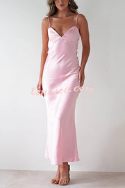 Satin Elegant Sling Backless Lace-Up Midi Dress