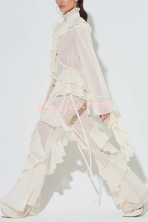 Fashionable Ruffled Elastic Waist Holiday Style Flared Pants