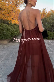 Flowing Lightweight Chiffon Chain Halter Neck Detail Backless A-line Maxi Dress