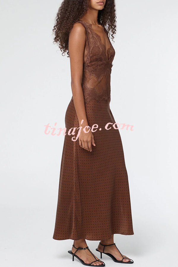 Wonderful Fusion Satin Lace Trim Poka Dot V-neck Drape Maxi Dress