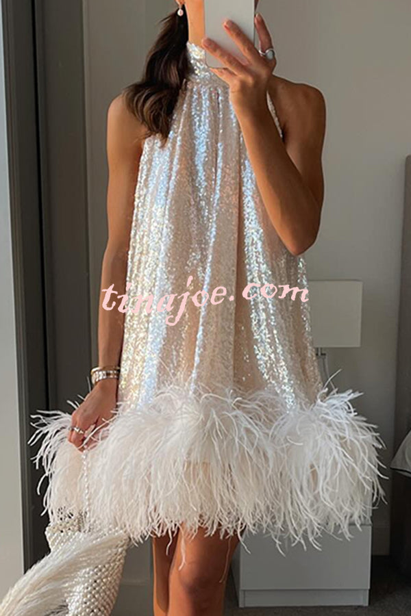 Dancefloor Elf Sequin Feather Trim High Neck A-line Mini Dress