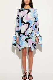 Micah Satin Unique Print Slit Tie-up Sleeve Shift Kaftan Mini Dress