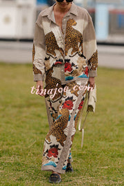 Exotic Leopard Flower Patchwork Print Button Down Oversized Blouse