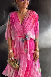 Stylish Tie-dye V-neck Tie-waist Layered Maxi Dress