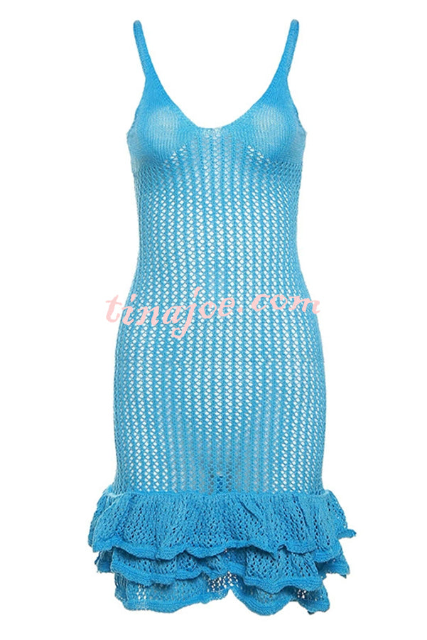 Bali Cutie Knit Layered Ruffle Pleats Hem Tank Stretch Mini Dress