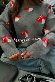 Mushroom Pattern Casual Loose Round Neck Knitted Sweater