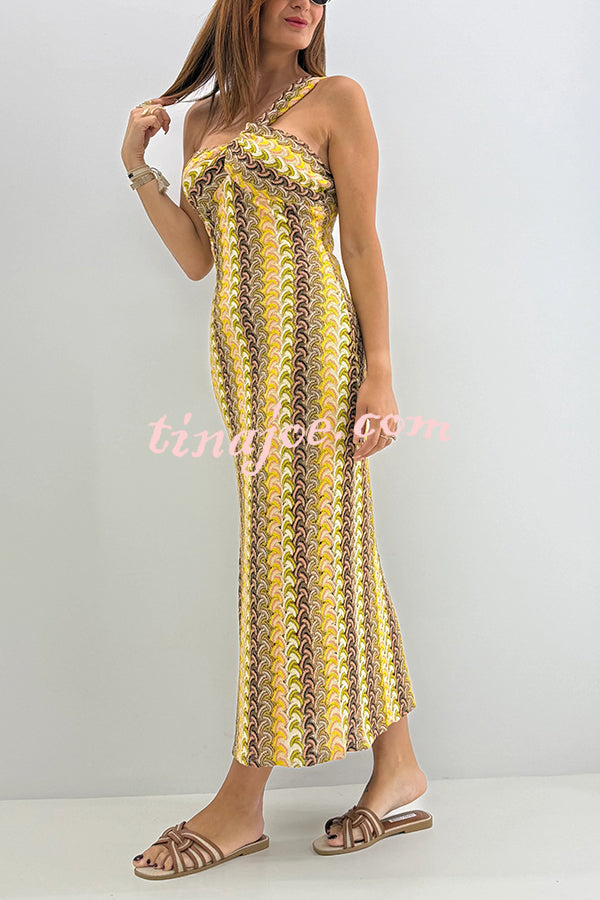 Colorful Zigzag Pattern Lace One-shoulder Slim Vacation Midi Dress