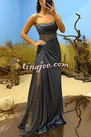 Essie Satin Rhinestone Patchwork Twist Waist Strapless Slit Maxi Dress
