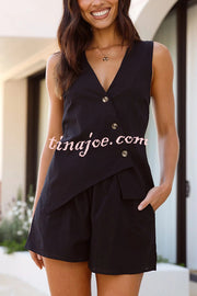 Solid Color Sleeveless V-neck Asymmetric Top and Elastic Waist Loose Pocket Shorts Set