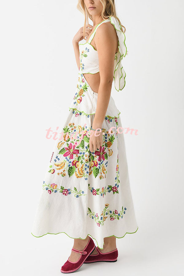 Tropical Romance Printed Tie-up Cutout Waist Midi Dress