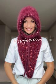 Sequined Drawstring Balaclava Warm Loop Scarf Hat and Gloves