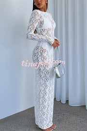 Solid Color Round Neck Long Sleeve Sexy Lace Slim Fit Cover-up Maxi Dress