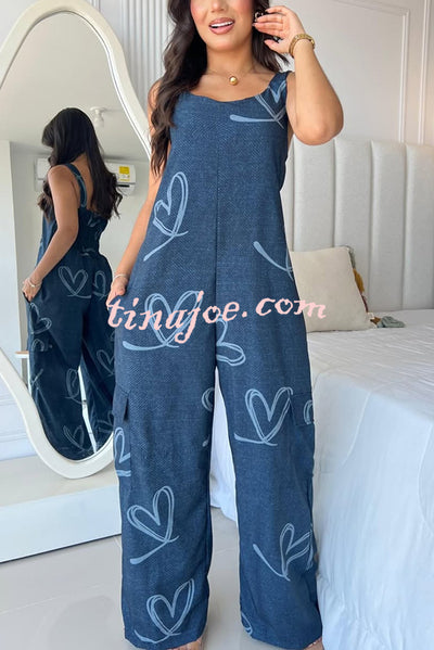 Fashion Cartoon Print Loose Round Neck Back Pleated Casual Pocket Wide Leg Jumpsuit