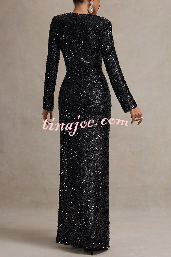 My Dream Sequin Square Neck Long Sleeves Slit Maxi Dress