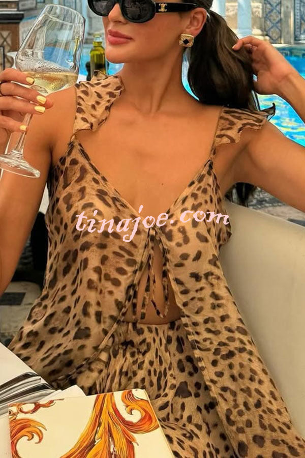 Immerse Vacation Leopard Tie-up Slit Midi Top and Elastic Waist Shorts Set