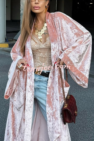 Gorgeous Glossy Velvet Long Bell Sleeve Tie-up Pocket Midi Kimono Coat