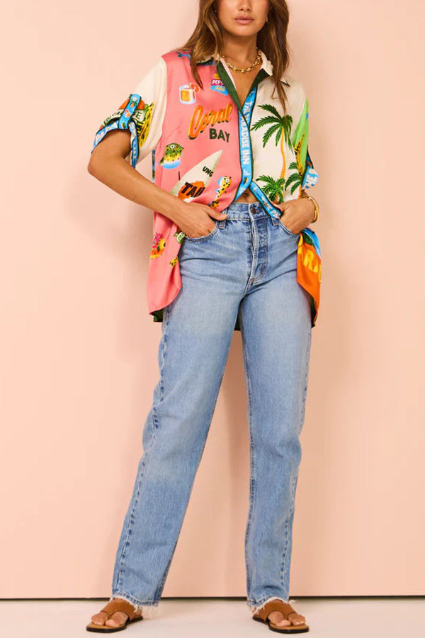 Kissed By The Sun Satin Unique Print Colorblock Button Down Oversized Blouse