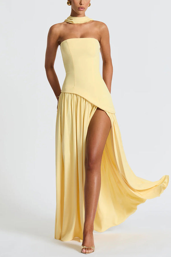 Elegant Off Shopulder Chiffon Pleated Hem Scarf Slit Maxi Dress