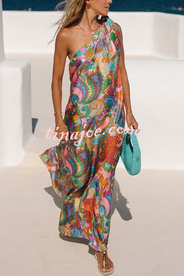 Rainbow Breeze Satin Unique Print Bow One Shoulder Loose Maxi Dress