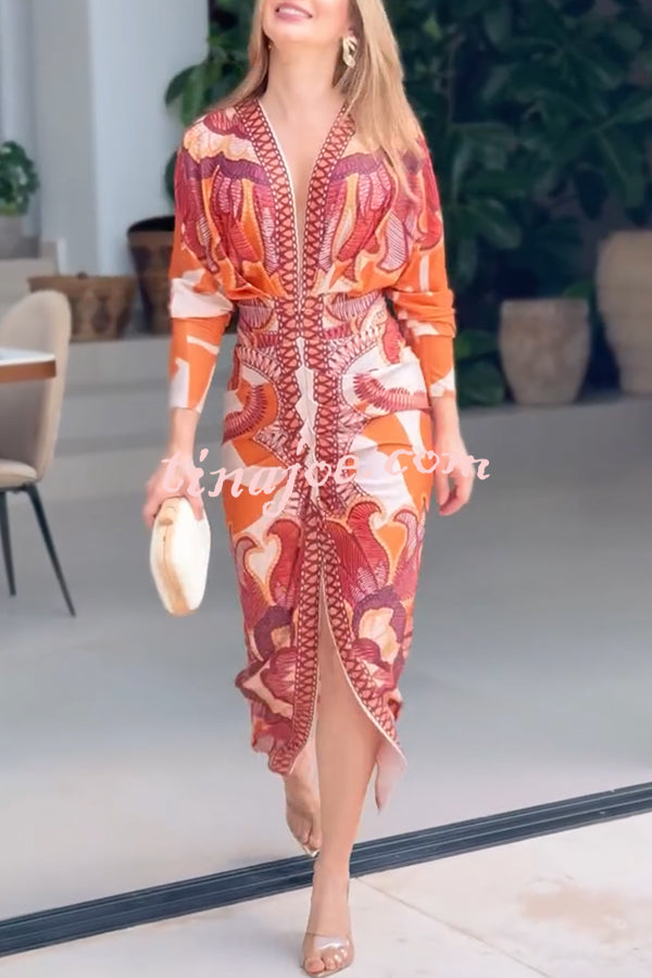 Brazilian Style Unique Print Dolman Long Sleeve Ruched Slit Midi Dress