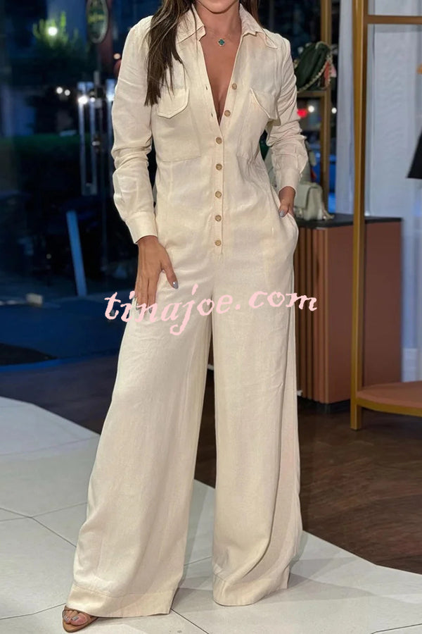 Linen Blend Lapel Long Sleeve Button Pocket Wide Leg Jumpsuit