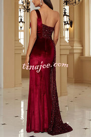 Taylor Sequin Velvet Patchwork One Shoulder Ruched Slit Prom Maxi Dress