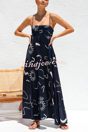 Elide Satin Unique Print Back Smocked Vacation Maxi Dress