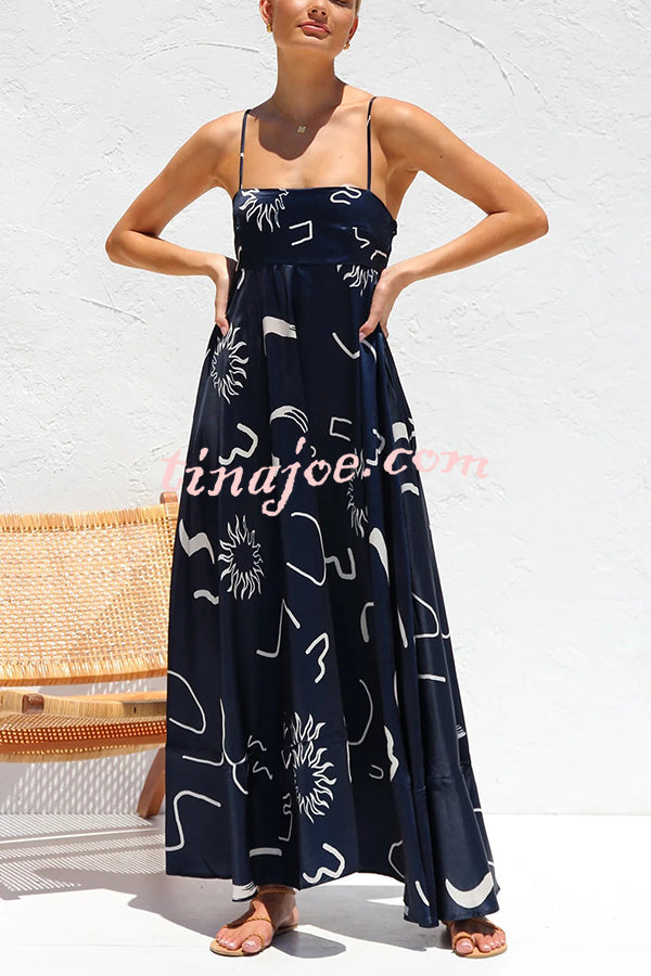 Elide Satin Unique Print Back Smocked Vacation Maxi Dress