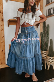 Bohemian High Rise Button Up Loose Denim Pocket Maxi Skirt