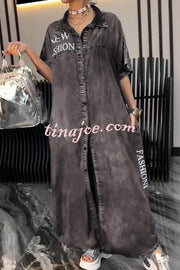 Fashion Letter Print Lapel Cardigan Loose Maxi Dress