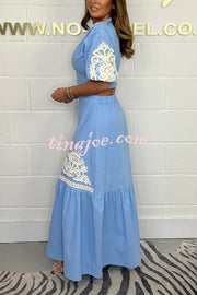 Stylish V-neck Puff-sleeved Crop Top and Elastic Waist Paneled Maxi Skirt Set