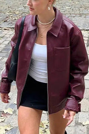 Y2K Burgundy Faux Leather Pocketed Zipper Loose Jacket