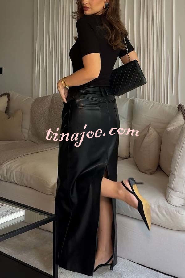 Classic Feel Faux Leather Mid Rise Pocket Slit Stretch Maix Skirt