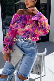 Colorful Botanical Print Sexy Off-shoulder Ruffle Top