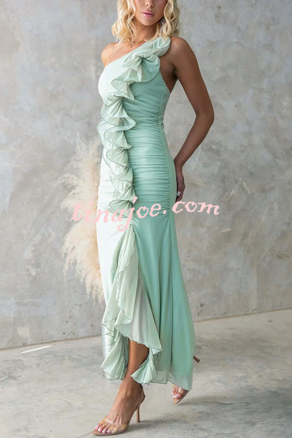 Fashion One-shoulder Pleated Sexy High Slit Slim Dress