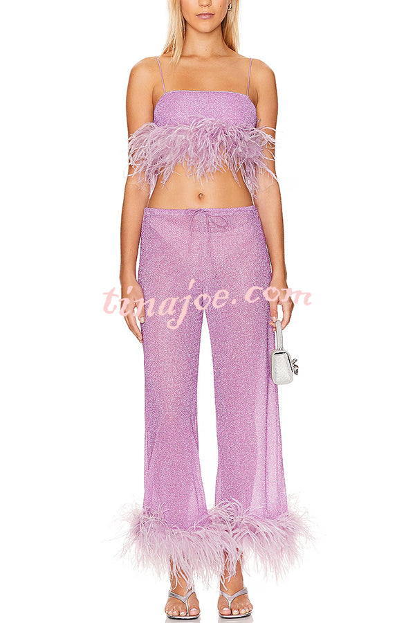 Music Carnival Glitter Stretch Fabric Feather Trim Tank and Elastic Waisted Flared Pants Set