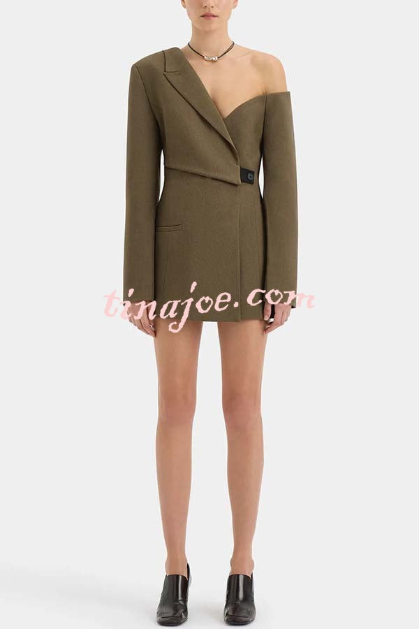 Sartoria Asymmetrical Off Shoulder Contrast Tab Button Long Sleeve Blazer Mini Dress