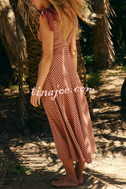 Striped Print V-Neck Lace-Up Backless Holiday Midi Dress