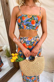 Linen Blend Summer Fruit Print Camisole Top and Elegant Lace Back Slit Maxi Skirt Set