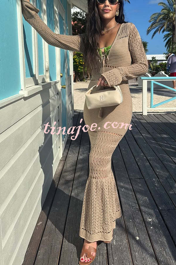 Ellora Knit Hollow Texture Tie-up Long Sleeve Fishtail Stretch Maxi Dress