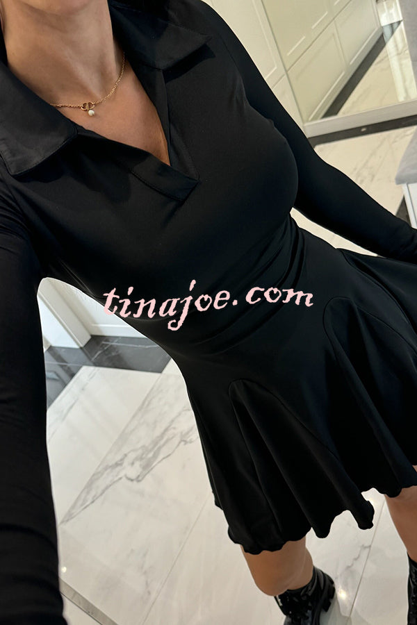 Solid Color Lapel Long Sleeve Slim Fit Waist Mini Dress